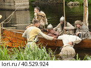 Russia, Staraya Ladoga, 24,06,2012 Festival of historical reconstruction "The First Capital of Russia", Drakar with Vikings. Редакционное фото, фотограф Анна Кривицкая / Фотобанк Лори
