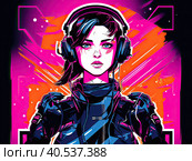 Image of an anime girl listening to music with headphones, video game style, colorful color saturation, neon. Created by AI. Стоковое AI-изображение, AI-художник Ярославский Максим / Фотобанк Лори