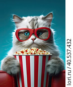 A fluffy, well-groomed house cat is watching a movie at the cinema with popcorn. Created by AI. Стоковое AI-изображение, AI-художник Ярославский Максим / Фотобанк Лори