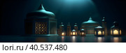 Postcard for the holiday Eid al adha. Mosques and minarets, lanterns on a dark background. With Generative AI technology. Стоковое AI-изображение, AI-художник Мария Фадеева / Фотобанк Лори