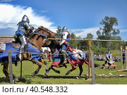 Two knights fight on spears at the festival of historical reconstruction "Russian Fortress" (2014 год). Редакционное фото, фотограф Анна Кривицкая / Фотобанк Лори