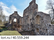 Ruins of medieval castle in Sigulda, Latvia. Built in 1207 as a castellum type fortress by the Livonian Brothers of the Sword who were later incorporated into the Teutonic Order of the castle (2016 год). Редакционное фото, фотограф Анна Кривицкая / Фотобанк Лори