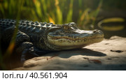 False Gharial have sunbathing near its pond Illustration AI Generative. Стоковое AI-изображение, AI-художник Юлия Гапеенко / Фотобанк Лори
