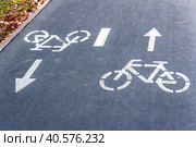 Bike lane with road symbols painting on asphalt. Стоковое фото, фотограф FotograFF / Фотобанк Лори