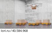 Technologies of the future 3D concept. AGV robots, UAVs delivering cardboard boxes to a distribution logistics center. Automated AGV robots for a retail warehouse. Automated vehicles Goods, products, packaging. 3d render. Стоковая иллюстрация, иллюстратор Alexander / Фотобанк Лори