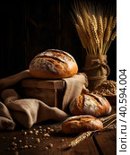 Composition with rye bread cloth and ears on a wooden table. Стоковое AI-изображение, AI-художник Ярославский Максим / Фотобанк Лори