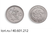 Georgian coin of 10 tetri (Obverse and reverse). Georgian inscription means "Georgian Republic. 10 tetri" in English. Design element with clipping path. Стоковое фото, фотограф Елена  Попкова / Фотобанк Лори