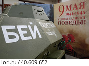 Надпись "Бей фашистскую гадину!" на борту легкого полноприводного бронеавтомобиля БА-64 (1942 г., СССР). Выставка военной техники на открытой площадке Музея Гаража особого назначения на ВДНХ в Москве (2023 год). Редакционное фото, фотограф Наталья Николаева / Фотобанк Лори