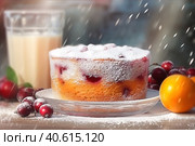 Biscuit cake with berries and powdered sugar. Generative AI. Стоковое AI-изображение, AI-художник Юрий Поздников / Фотобанк Лори