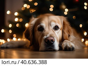British cat lies near Christmas tree with garland. Generative AI. Стоковое AI-изображение, AI-художник Светлана Лажко / Фотобанк Лори
