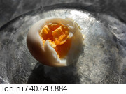 Очищенное надкусанное вареное яйцо / Boiled peeled bitten egg with a piece of butter on a transparent plate. Стоковое фото, фотограф Iva Noel / Фотобанк Лори