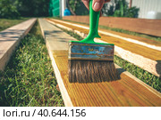 Coating wooden boards with an antiseptic with a brush. construction. Стоковое фото, фотограф Ольга Ильина / Фотобанк Лори