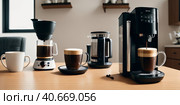 coffee machine with cup of fresh espresso coffee near it on wooden kitchen counter with interesting perspective, with cup and cappuccino automat in focus and blurred background. Generative AI. Стоковое AI-изображение, AI-художник Sergey Grishin / Фотобанк Лори