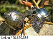 Medieval helmets and wooden shield. Стоковое фото, фотограф Анна Кривицкая / Фотобанк Лори
