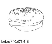 Burger with sesame cutlet and tomato fast food doodle linear cartoon coloring. Стоковая иллюстрация, иллюстратор Вахминцева Ольга / Фотобанк Лори