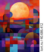 Abstract natural landscape in the style of flat cubism in blue-red tones. Стоковое AI-изображение, AI-художник Ярославский Максим / Фотобанк Лори