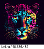 Portrait of a leopard in neon style on a dark background. Стоковое AI-изображение, AI-художник Ярославский Максим / Фотобанк Лори