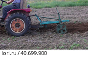Mini tractor with plow cultivates soil in potato field. Стоковое видео, видеограф Владимир Григорьев / Фотобанк Лори