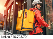 Food delivery by courier with a thermal bag. Generative AI. Стоковое AI-изображение, AI-художник Юрий Поздников / Фотобанк Лори