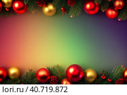 Christmas background with ornaments and pine branches on a multicolored background with a place for text or image. Generative AI. Стоковое AI-изображение, AI-художник Mixail59 / Фотобанк Лори