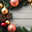 Christmas wreath with ornaments and pine cones on a wooden background with copy space for text or image. Generative AI. Стоковое AI-изображение, AI-художник Mixail59 / Фотобанк Лори