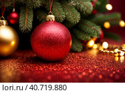 New Year's balls hanging from a christmas tree on a red shiny background with gold lights. Generative AI. Стоковое AI-изображение, AI-художник Mixail59 / Фотобанк Лори