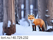 Red fox on the background of a snowy forest.In the culture of almost all peoples of the world, the fox is presented as a cunning animal, and is one of the indispensable characters of the animal epic, occupying a prominent place in it. Стоковое AI-изображение, AI-художник Сергей Елизарьев / Фотобанк Лори