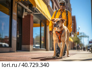 A guide dog helps a visually impaired man walk. Generative AI. Стоковое AI-изображение, AI-художник Юрий Поздников / Фотобанк Лори