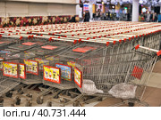Russia, St. Petersburg, 10,12,2014 Empty carts for products in the supermarket. Редакционное фото, фотограф Анна Кривицкая / Фотобанк Лори