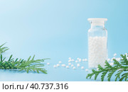 Homeopathic globules and glass bottle near with fresh juniper branches close-up on blue background. Alternative Homeopathy medicine herbs. Banner. Copy space. Стоковое фото, фотограф Tatiana Syrtseva / Фотобанк Лори