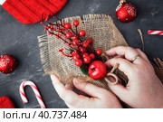 Female hands create a Christmas decoration, wreath, bouquet, on a dark concrete table. Christmas decorations for the home. Christmas, New Year's concept. Top view, close-up. Copy space. Стоковое фото, фотограф Tatiana Syrtseva / Фотобанк Лори