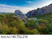 Summer mountain landscape: 681m Ilyas-Kaya and Sun Temple. View of Cape Aya, near Laspi, Crimea, (2020 год). Стоковое фото, фотограф Анна Кривицкая / Фотобанк Лори