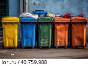 Multi-colored garbage containers on the city street, recycling and separate waste collection concept, AI Generated. Стоковое AI-изображение, AI-художник Станислав Тарко / Фотобанк Лори