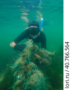 Freediver picks up lost fishing net lies on green algae in sun glare on shallow water in Black sea, Ghost gear pollution of Ocean, Black sea, Odessa, Ukraine. Стоковое фото, фотограф Некрасов Андрей / Фотобанк Лори