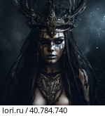 A woman wearing a horned headdress with horns on her head. Generative AI image. Стоковое AI-изображение, AI-художник Сергей Старуш / Фотобанк Лори