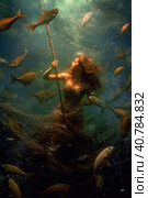 A scandinavian pagan goddess Ran in a long dress is holding her staff in the water. Generative AI image. Стоковое AI-изображение, AI-художник Сергей Старуш / Фотобанк Лори
