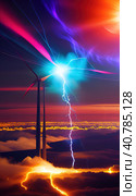 Sublimation of energy.Abstract landscape with a windmill. Стоковое AI-изображение, AI-художник Виктория Кольцова / Фотобанк Лори