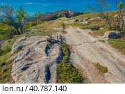 The remains of a medieval fortress city (according to other sources - a monastery) Tepe-Kermen, covering the upper part of the mountain in several tiers (2020 год). Редакционное фото, фотограф Анна Кривицкая / Фотобанк Лори