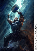 A portrait of old norse scandinavian pagan god Thor with long red hair holding hist hammer Mjolnir. Generative AI image. Стоковое AI-изображение, AI-художник Сергей Старуш / Фотобанк Лори