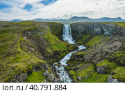 Aerial view of Svodufoss Waterfall and mount Snaefell. Landscape on peninsula Snaefellsnes in western Iceland (2020 год). Стоковое фото, фотограф Igor Tichonow / Фотобанк Лори