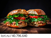 Two appetizing, meat burgers with avocado and tomatoes on a cutting board. Generative AI. Стоковое AI-изображение, AI-художник Юрий Поздников / Фотобанк Лори