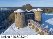 Башни и мост старинной Копорской крепости февральским днем (съемка с квадрокоптера). Ленинградская область (2023 год). Стоковое фото, фотограф Виктор Карасев / Фотобанк Лори