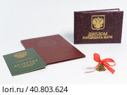 Аттестат, красный диплом, диплом кандидата наук и колокольчик на белом фоне. Стоковое фото, фотограф Сергей Васильев / Фотобанк Лори