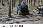 Rear view of a group of ATV riders driving along a forest dirt road. Extreme type of outdoor activities. Tourist trips on an quad bike. Стоковое фото, фотограф Воловодов Владимир / Фотобанк Лори
