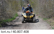 A couple on a yellow quad bike riding on a dirt road in the spring forest. Front view. Extreme type of outdoor activities. Tourist trips on an ATV (2022 год). Редакционное фото, фотограф Воловодов Владимир / Фотобанк Лори