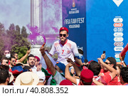Football fans of the national team of Tunisia with national flags and attributes in fanzone fanfesta before the match England-Tunisia (2016 год). Редакционное фото, фотограф Сергей Сергеев / Фотобанк Лори
