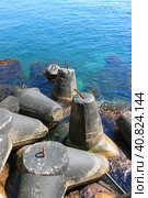 Concrete coastal tetrapod protective barriers in clear turquoise sea water. Protection from incoming waves, concrete breakwater. Стоковое фото, фотограф Воловодов Владимир / Фотобанк Лори