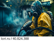 A man in a chemical protection suit against radiation sprays the area. Generative AI. Стоковое AI-изображение, AI-художник Юрий Поздников / Фотобанк Лори