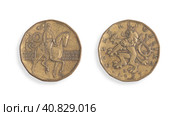 Czech 20 koruns coin. Czech inscription "Czech Republic. 20 korun. Saint Wenceslas, don't let us and our future perish" in English. Design element with clipping path. Стоковое фото, фотограф Елена  Попкова / Фотобанк Лори