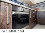 Modern kitchen interior in wenge colors with built-in appliances. Стоковое фото, фотограф Сергей Сергеев / Фотобанк Лори
